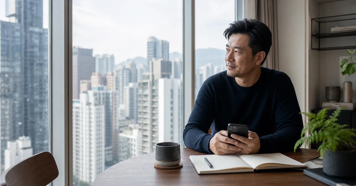 香港家中望向窗外樓景嘅中年男士，枱上有手機同筆記簿